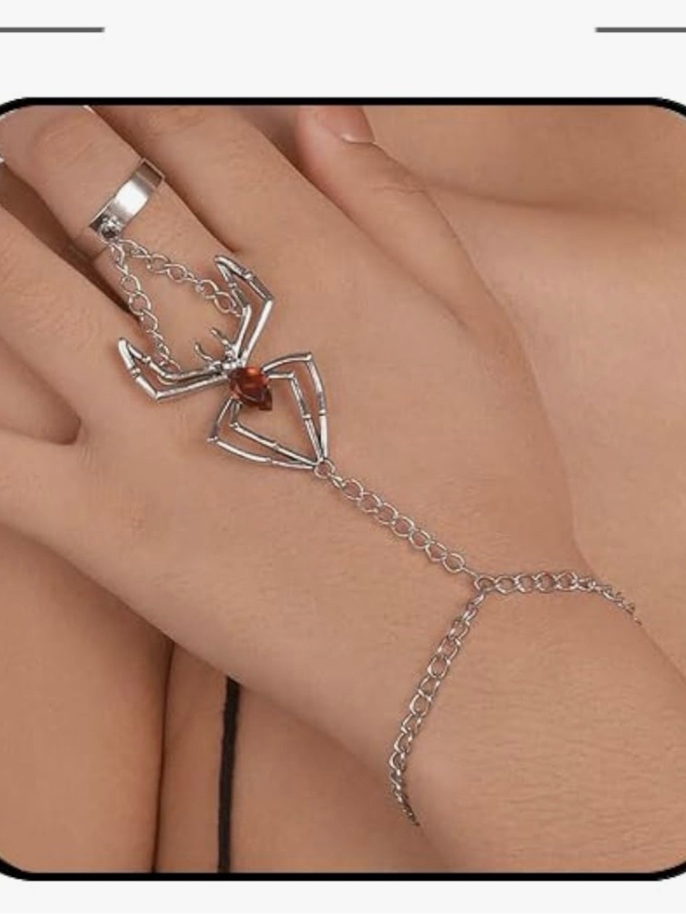 Silver Spider Hand Chain with Red Gem Accent